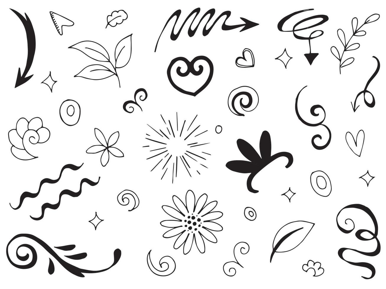 Abstract arrows, ribbons, crowns, hearts, explosions and other elements in hand drawn style for concept design. Doodle illustration. Vector template for decoration