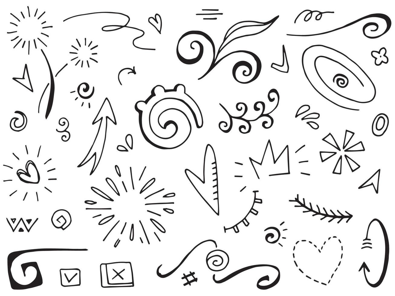 Abstract arrows, ribbons, crowns, hearts, explosions and other elements in hand drawn style for concept design. Doodle illustration. Vector template for decoration