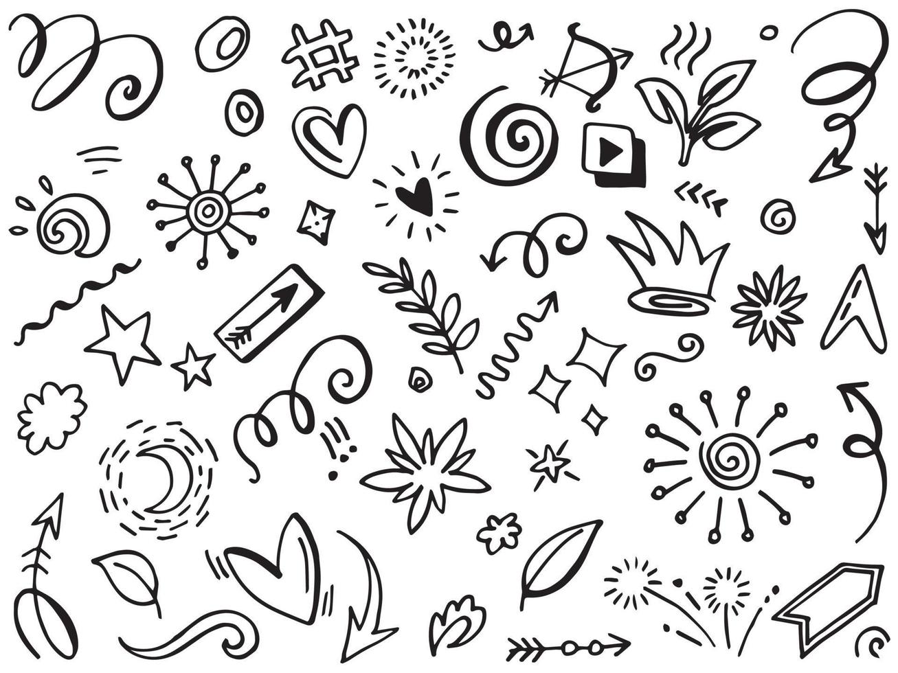 Abstract arrows, ribbons, crowns, hearts, explosions and other elements in hand drawn style for concept design. Doodle illustration. Vector template for decoration