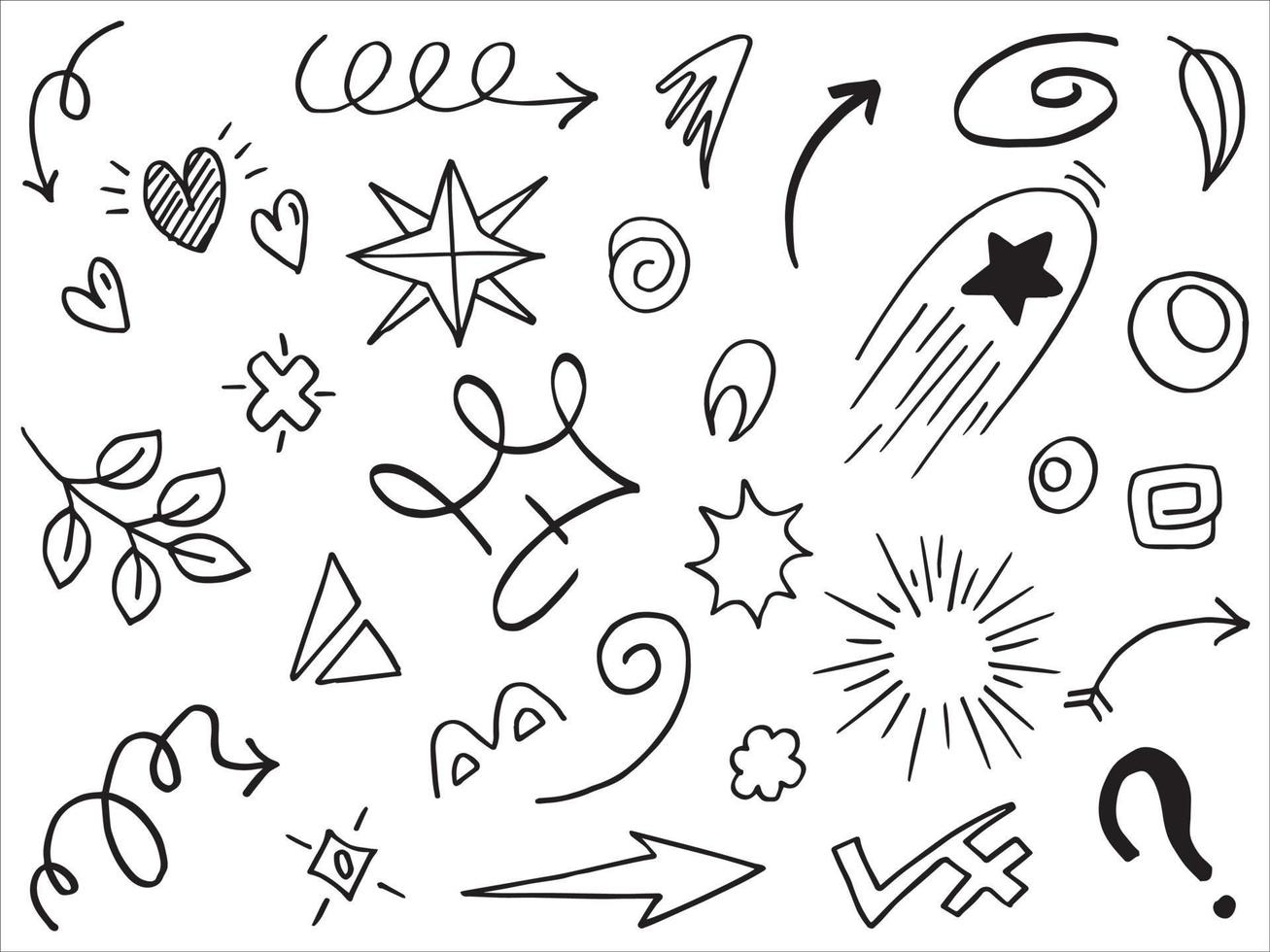 Abstract arrows, ribbons, crowns, hearts, explosions and other elements in hand drawn style for concept design. Doodle illustration. Vector template for decoration