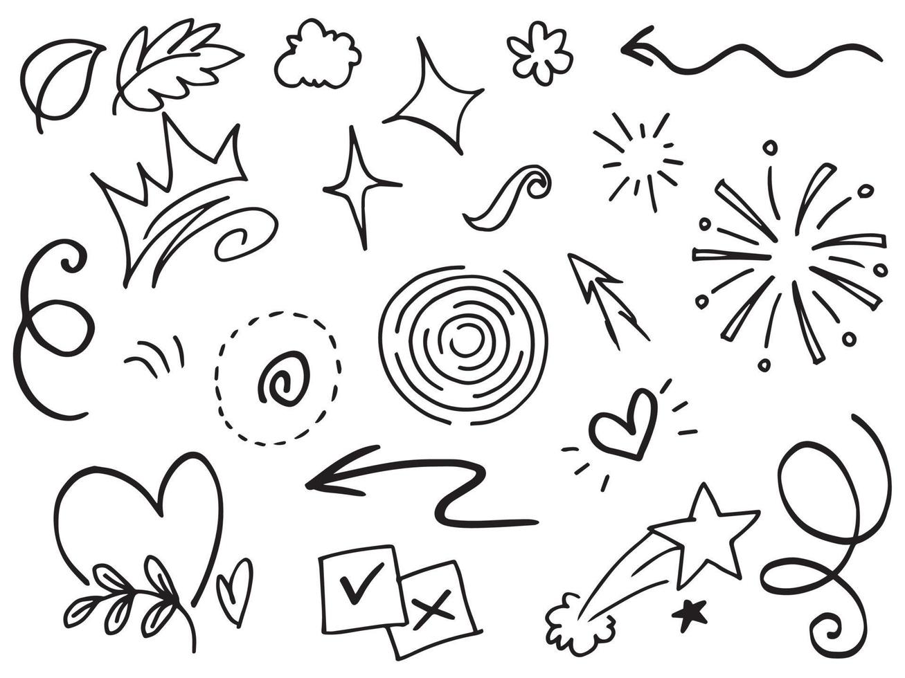 Abstract arrows, ribbons, crowns, hearts, explosions and other elements in hand drawn style for concept design. Doodle illustration. Vector template for decoration