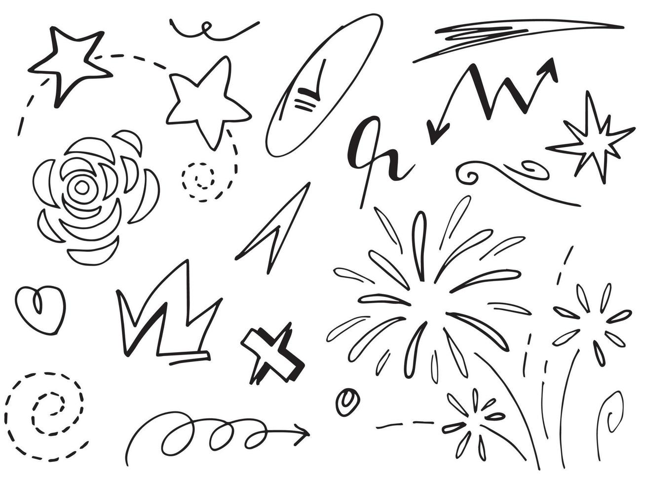 Abstract arrows, ribbons, crowns, hearts, explosions and other elements in hand drawn style for concept design. Doodle illustration. Vector template for decoration