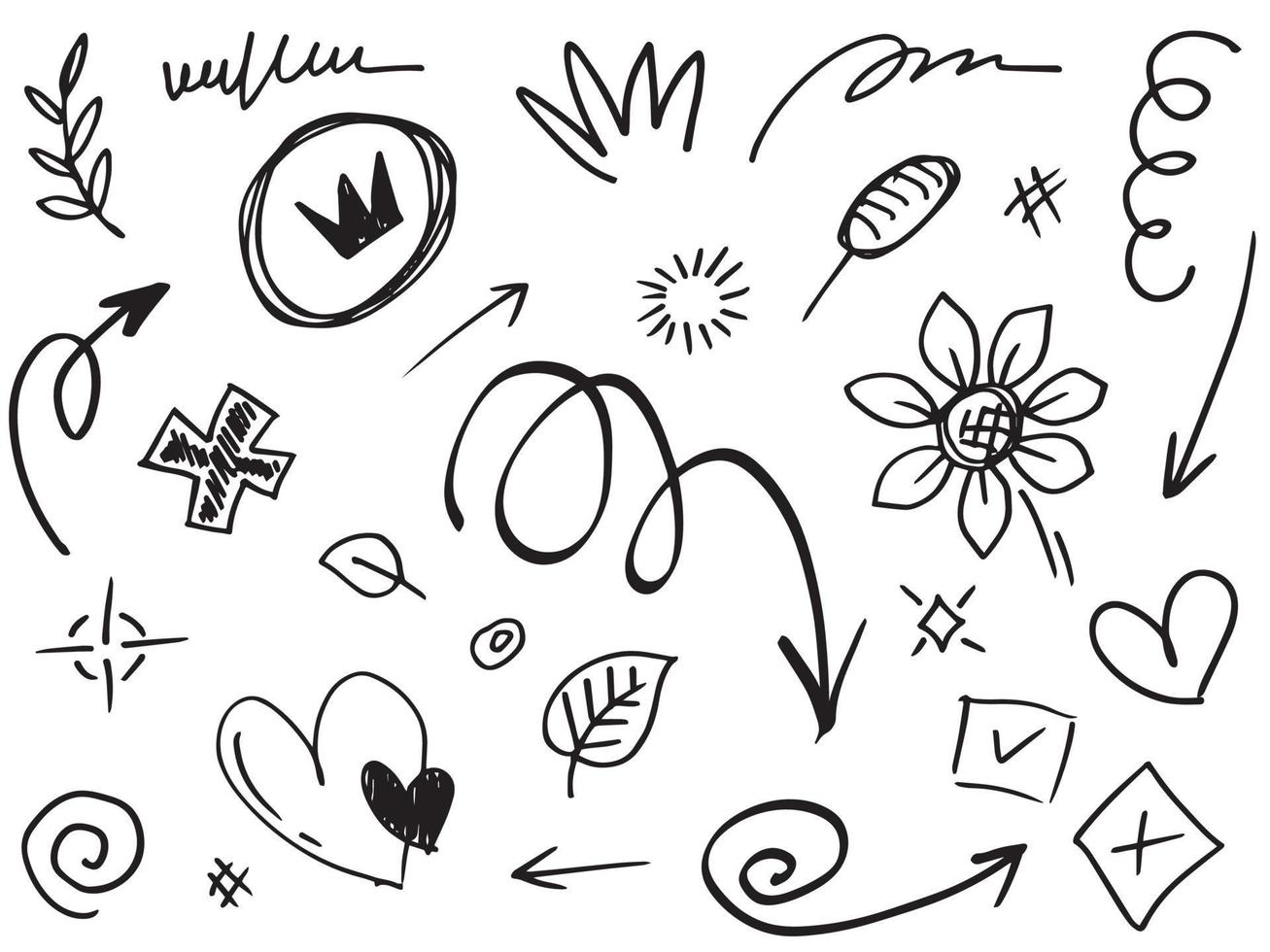 Abstract arrows, ribbons, crowns, hearts, explosions and other elements in hand drawn style for concept design. Doodle illustration. Vector template for decoration