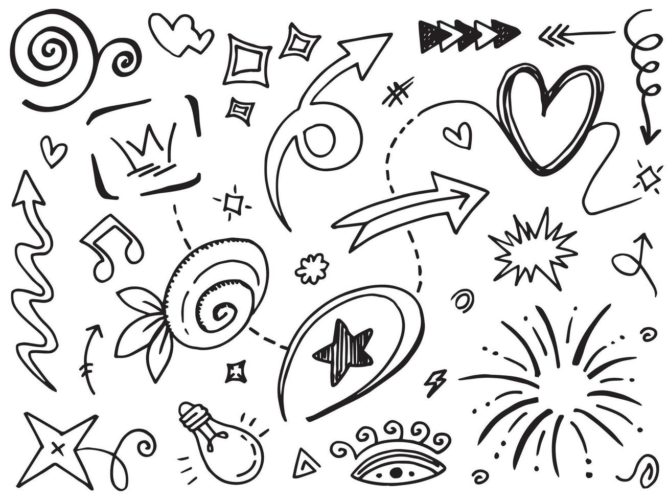 Abstract arrows, ribbons, crowns, hearts, explosions and other elements in hand drawn style for concept design. Doodle illustration. Vector template for decoration