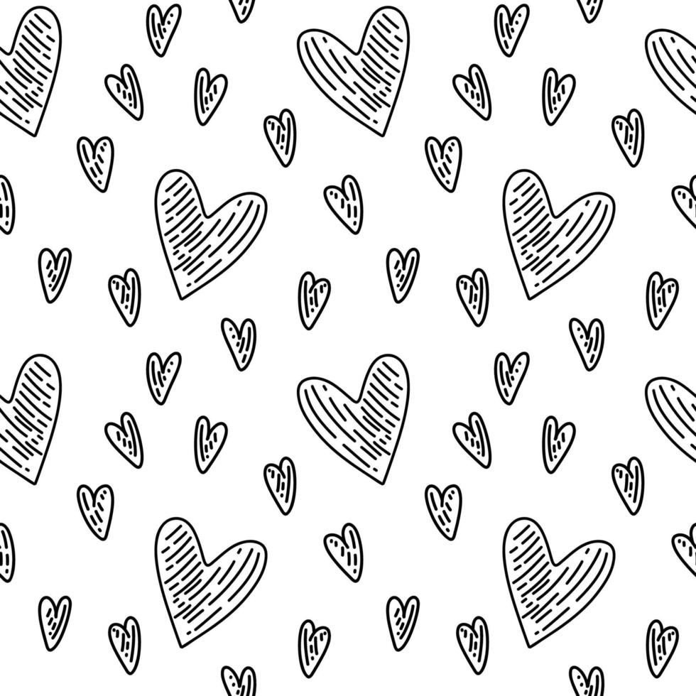 Set of vector seamless patterns. Hearts, flowers, gifts and letters in doodle style. Pack of surface design with love concept. Background for cards, social media posts, printing on wrapping paper.