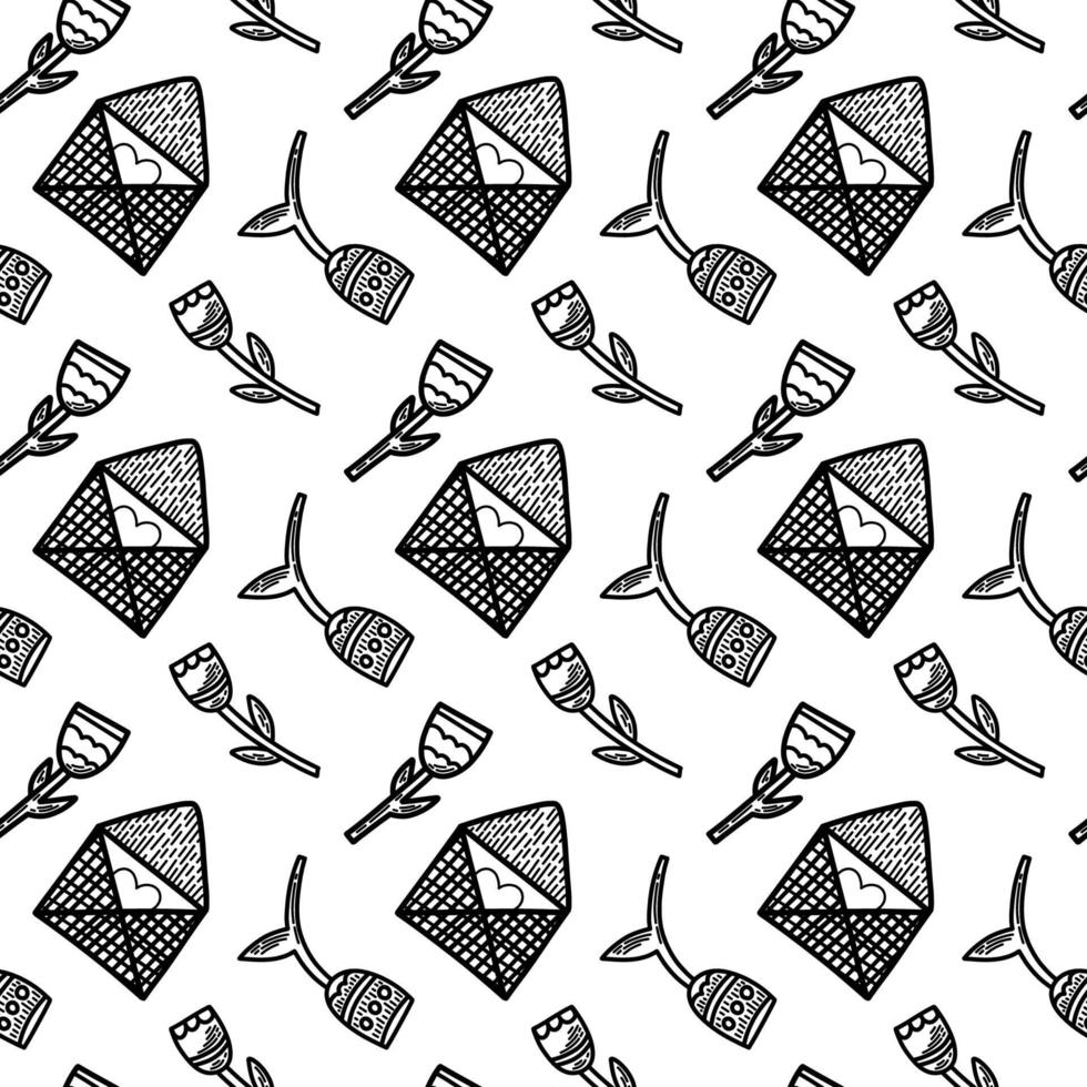 Set of vector seamless patterns. Hearts, flowers, gifts and letters in doodle style. Pack of surface design with love concept. Background for cards, social media posts, printing on wrapping paper.