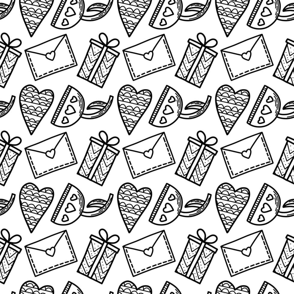 Set of vector seamless patterns. Hearts, flowers, gifts and letters in doodle style. Pack of surface design with love concept. Background for cards, social media posts, printing on wrapping paper.