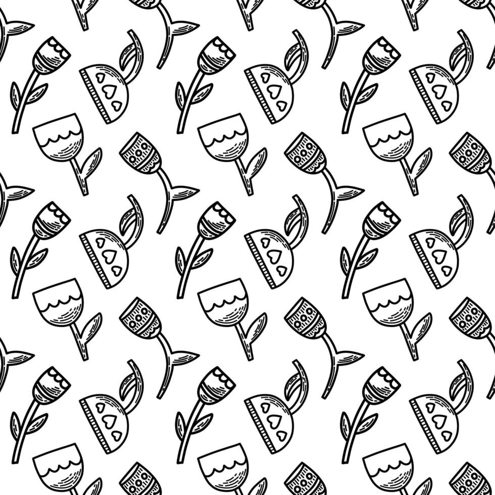 Set of vector seamless patterns. Hearts, flowers, gifts and letters in doodle style. Pack of surface design with love concept. Background for cards, social media posts, printing on wrapping paper.