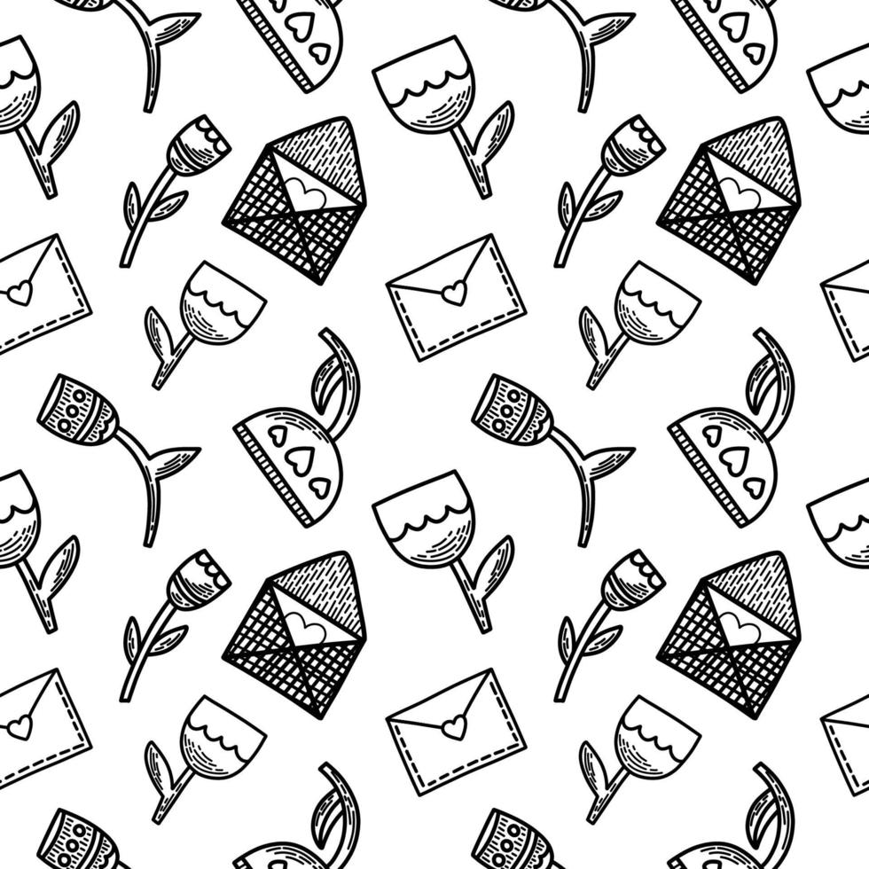 Set of vector seamless patterns. Hearts, flowers, gifts and letters in doodle style. Pack of surface design with love concept. Background for cards, social media posts, printing on wrapping paper.