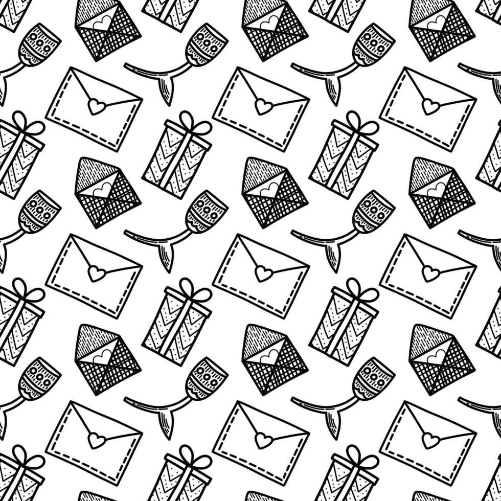 Set of vector seamless patterns. Hearts, flowers, gifts and letters in doodle style. Pack of surface design with love concept. Background for cards, social media posts, printing on wrapping paper.