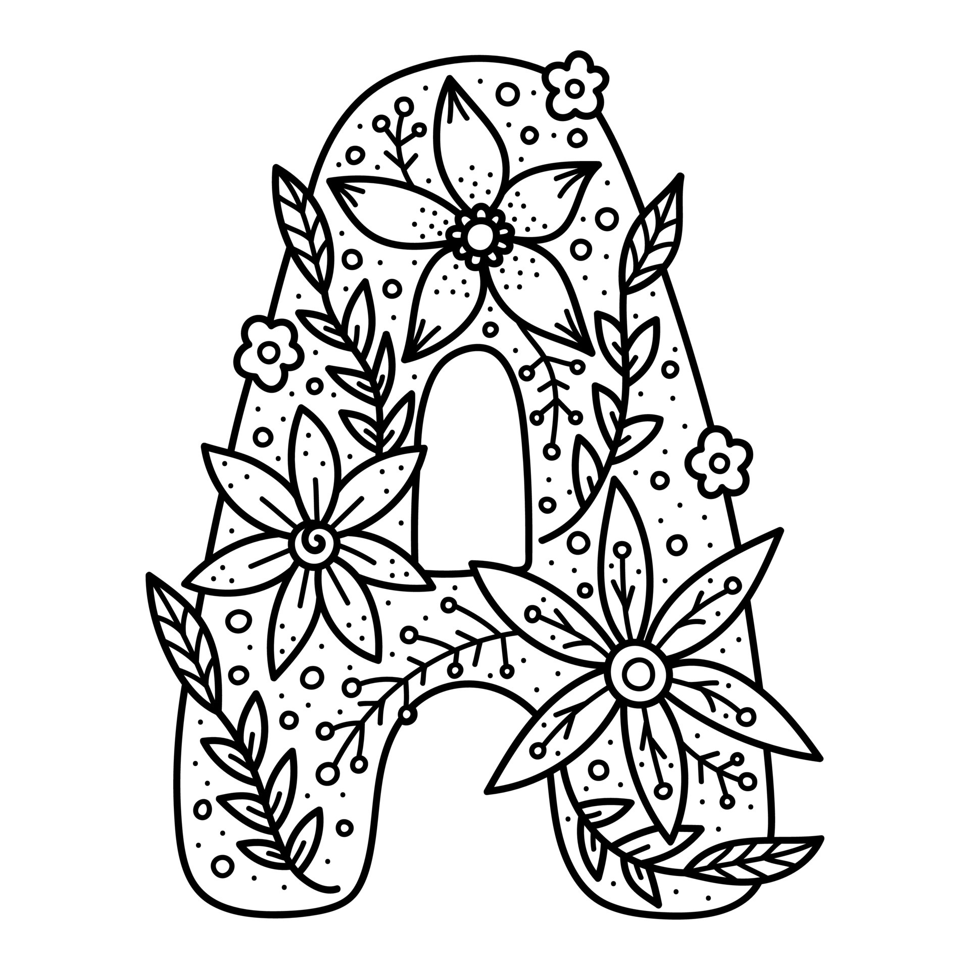 Floral alphabet. Colorless doodle letter A. Coloring book for adults