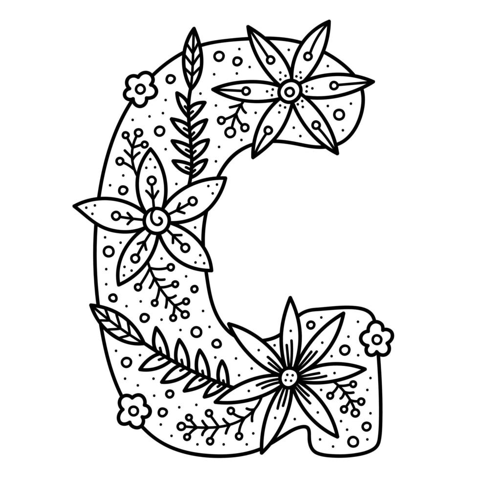 Floral alphabet. Colorless doodle letter G. Coloring book for adults and kids. vector