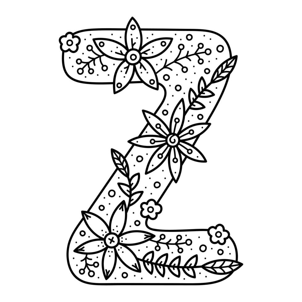 Floral alphabet. Colorless doodle letter Z. Coloring book for adults and kids. vector