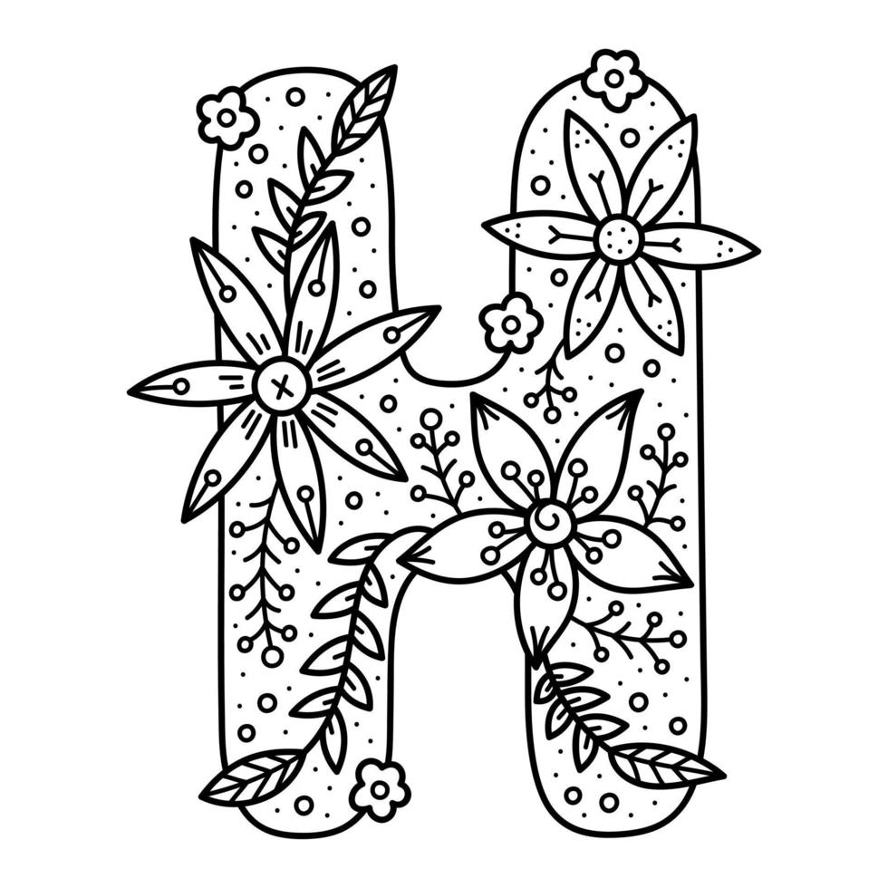 Floral alphabet. Colorless doodle letter H. Coloring book for adults and kids. vector