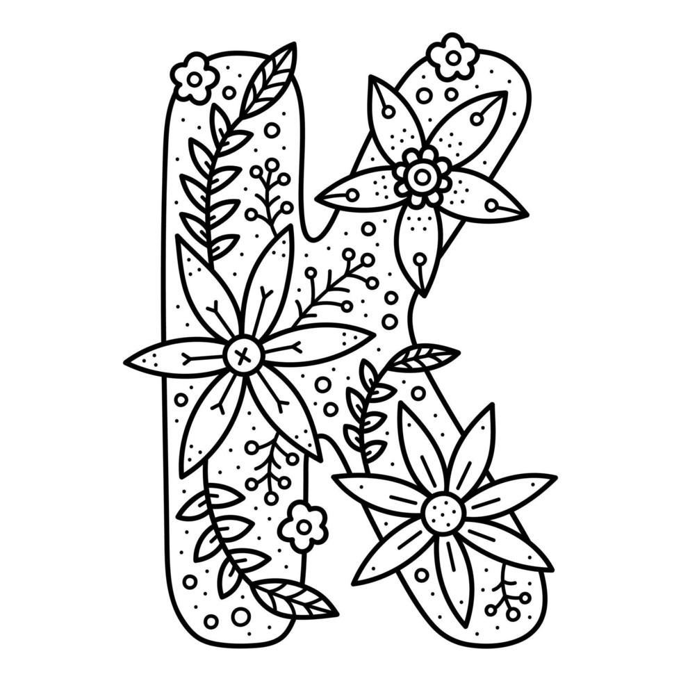 Floral alphabet. Colorless doodle letter K. Coloring book for adults and kids. vector