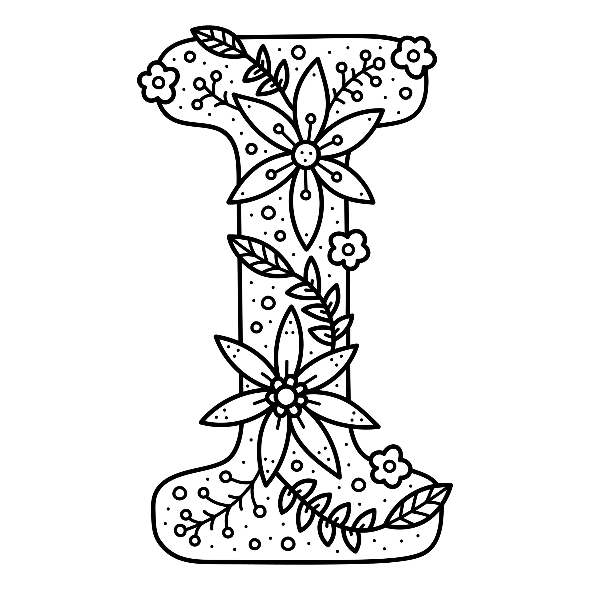 Floral alphabet. Colorless doodle letter I. Coloring book for adults