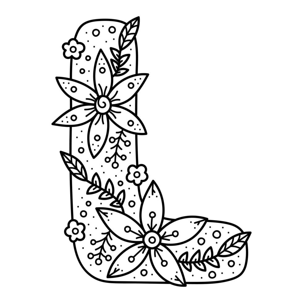 Floral alphabet. Colorless doodle letter L. Coloring book for adults and kids. vector