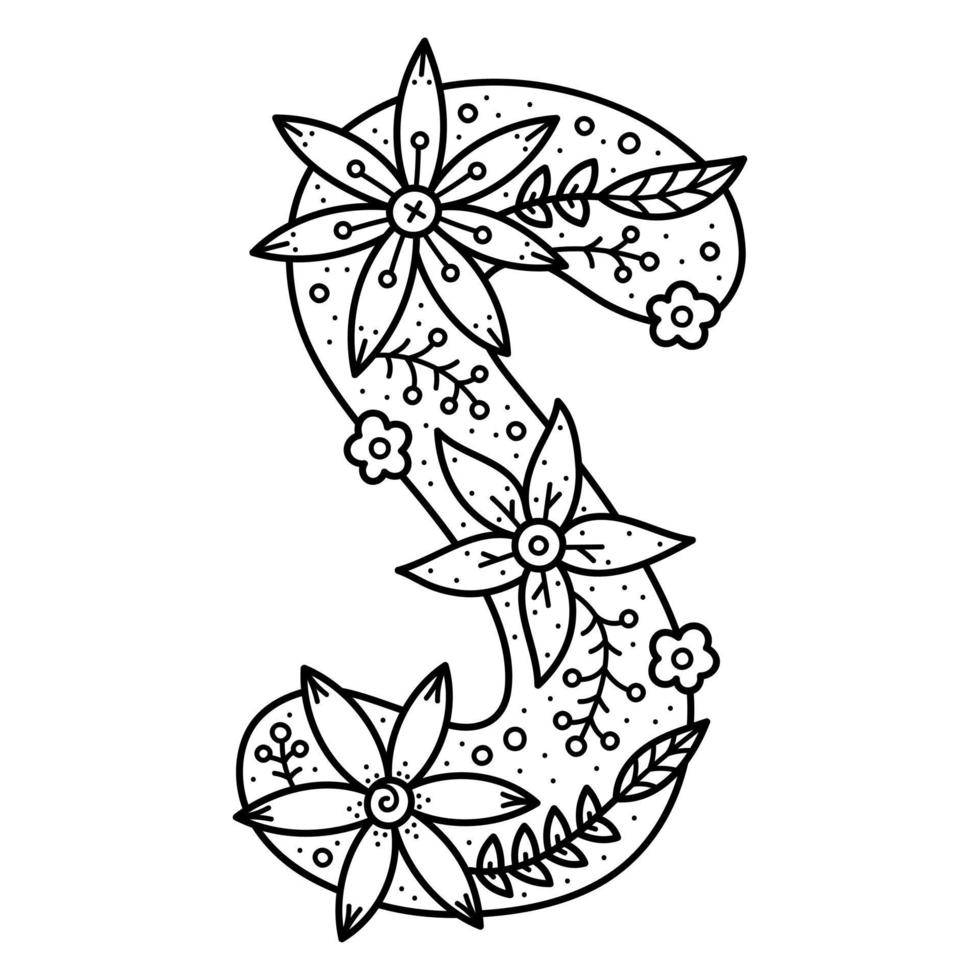 Floral alphabet. Colorless doodle letter S. Coloring book for adults and kids. vector