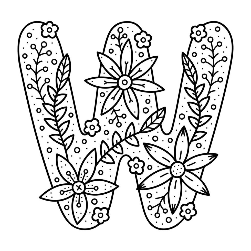 Floral alphabet. Colorless doodle letter W. Coloring book for adults and kids. vector