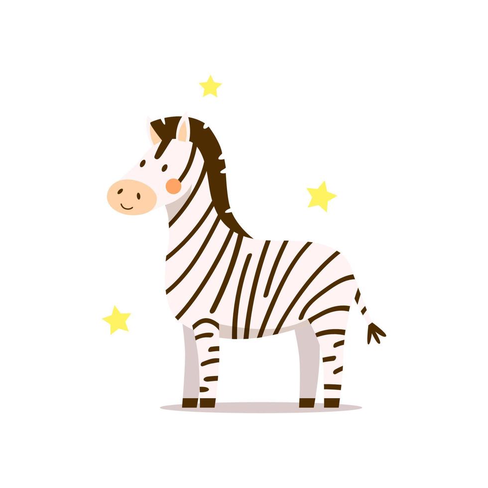 Cute baby zebra standing on white background. Funny vector illustration drawn in cartoon style