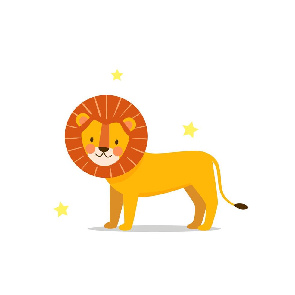 Cute happy lion stands on isolated white background. Vector illustration