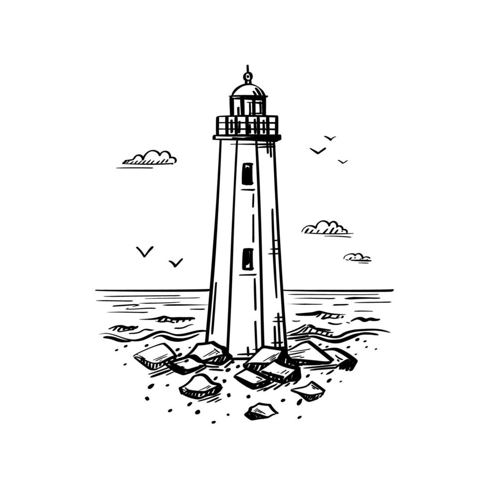Old lighthouse. Outline engraved vector illustration 5486003 Vector Art