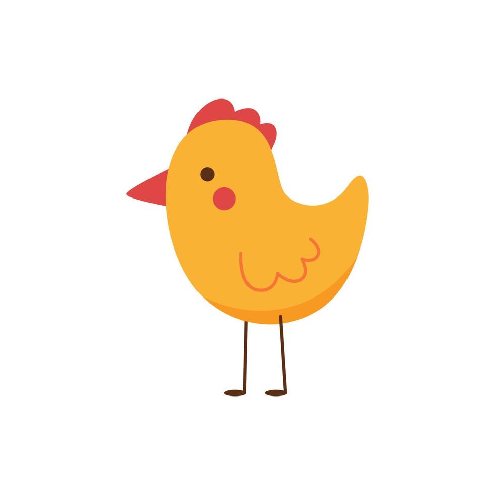 Cute yellow baby chicken standing on white background. Vector illustration