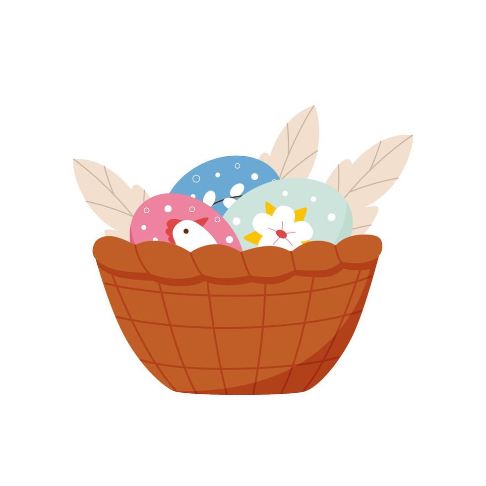 Hand-painted Easter eggs lie in wicker basket. Vector illustration