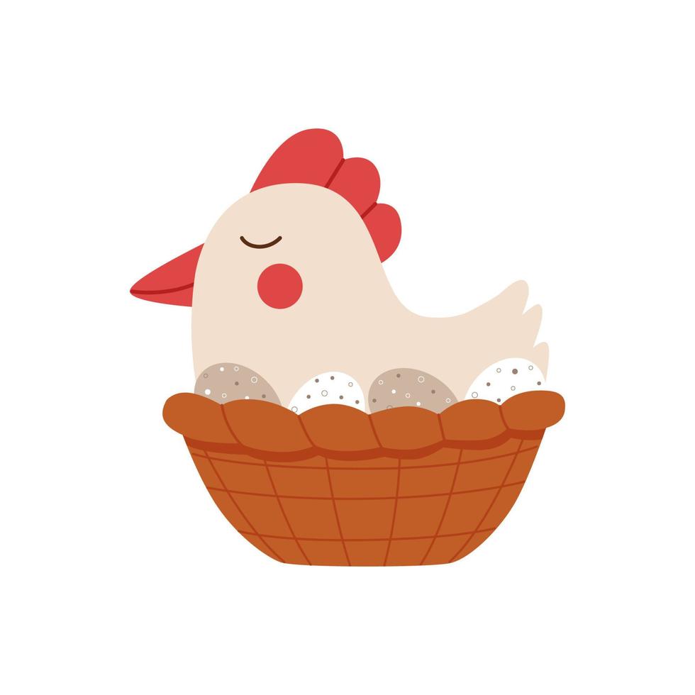 Cute hen sitting on the eggs drawn in cartoon style. Funny vector illustration
