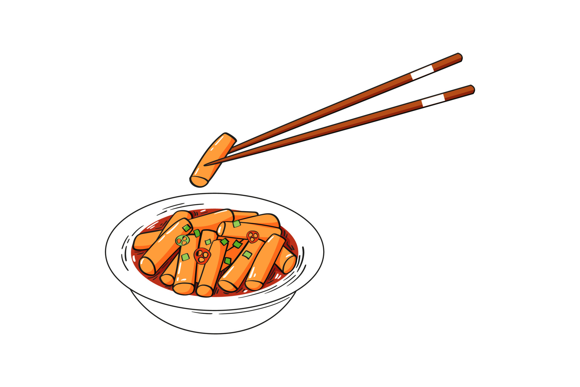 Korean rice cakes tteokbokki in hot spicy sauce. Sketch vector