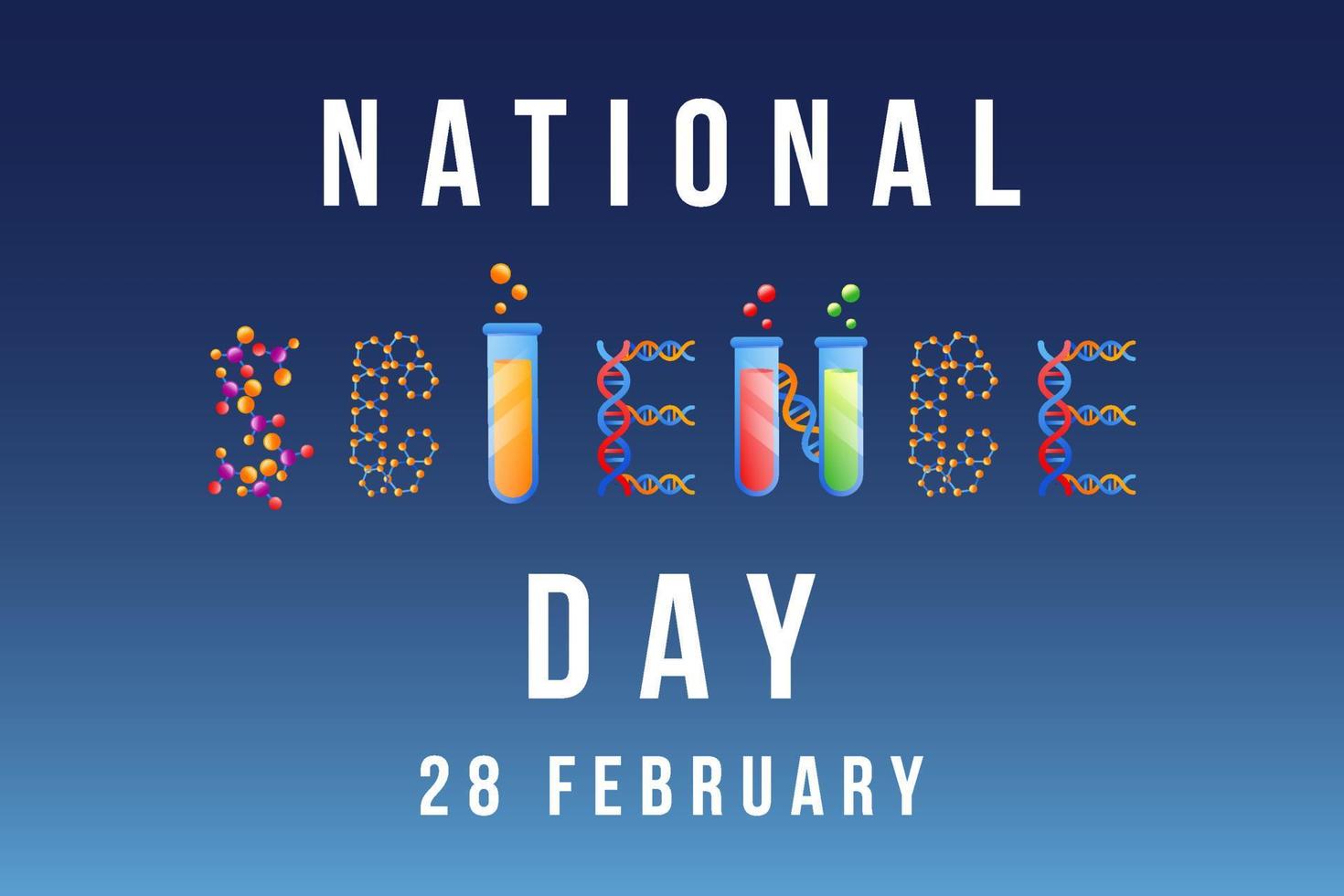 diseño creativo del día nacional de la ciencia con ciencia escrita a partir de secuencia de adn, molécula y tubo de laboratorio vector