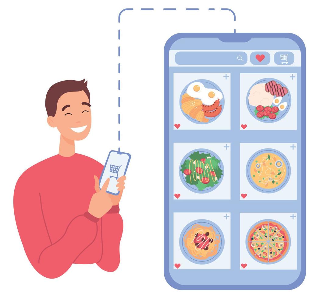 Online food order. Man shopping online with phone. Stay at home. Flat vector illustration on a white background.