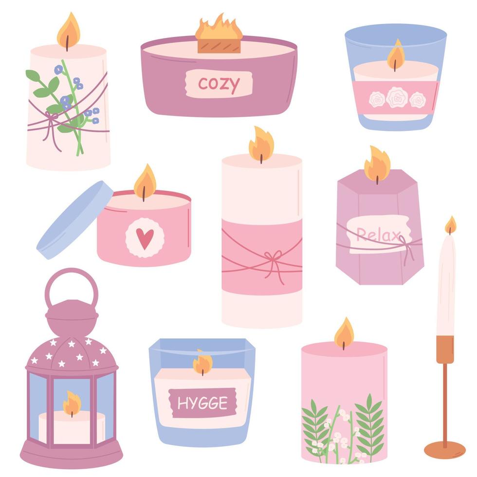 set hygge de varias velas aromáticas aromáticas. colección de velas acogedoras. ilustración vectorial plana sobre fondo blanco. vector