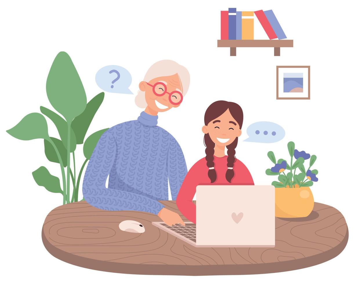 una nieta ayuda a su abuela a usar la computadora portátil. el concepto de comunicación generacional. vector