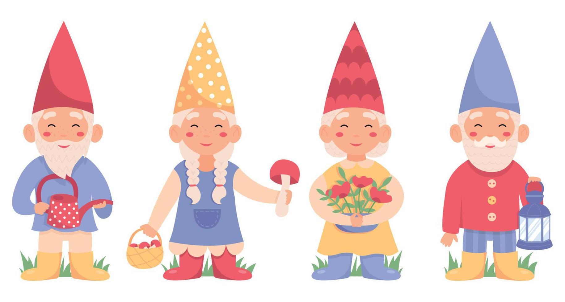 Set of garden gnomes or dwarfs holding watering can, mushrooms, flowers, lantern. Fairy tale fantastic characters on white background. vector