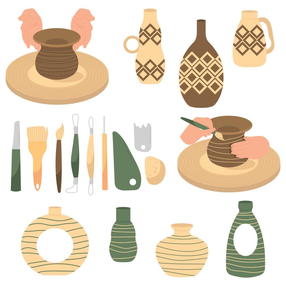 Set of pottery objects. Collection of modern pottery tools and ceramic vases. The concept of creating clay vase on a wheel. vector