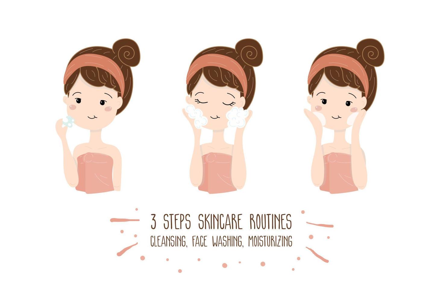 Woman with skincare routines steps, cleansing, face washing, moisturizing, vector illustration.