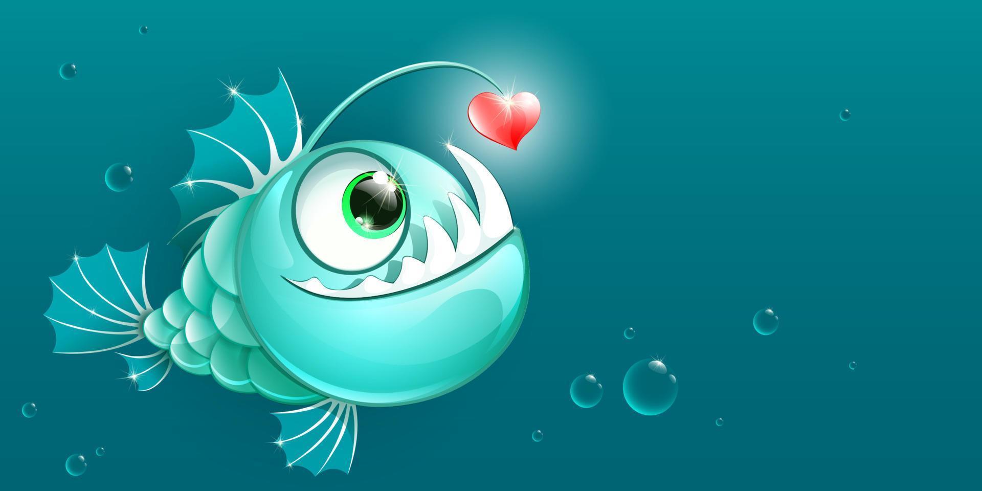 Funny cartoon anglerfish with heart lure. vector