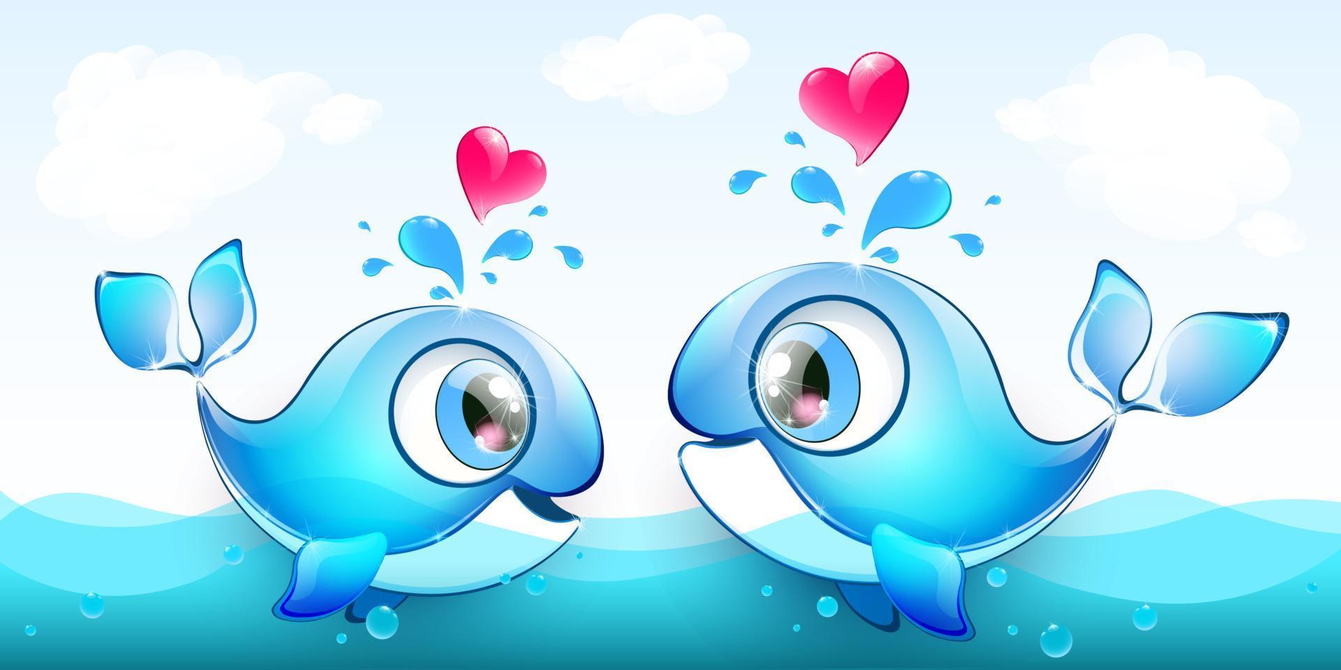 Whale couple in love with hearts in fountain vector