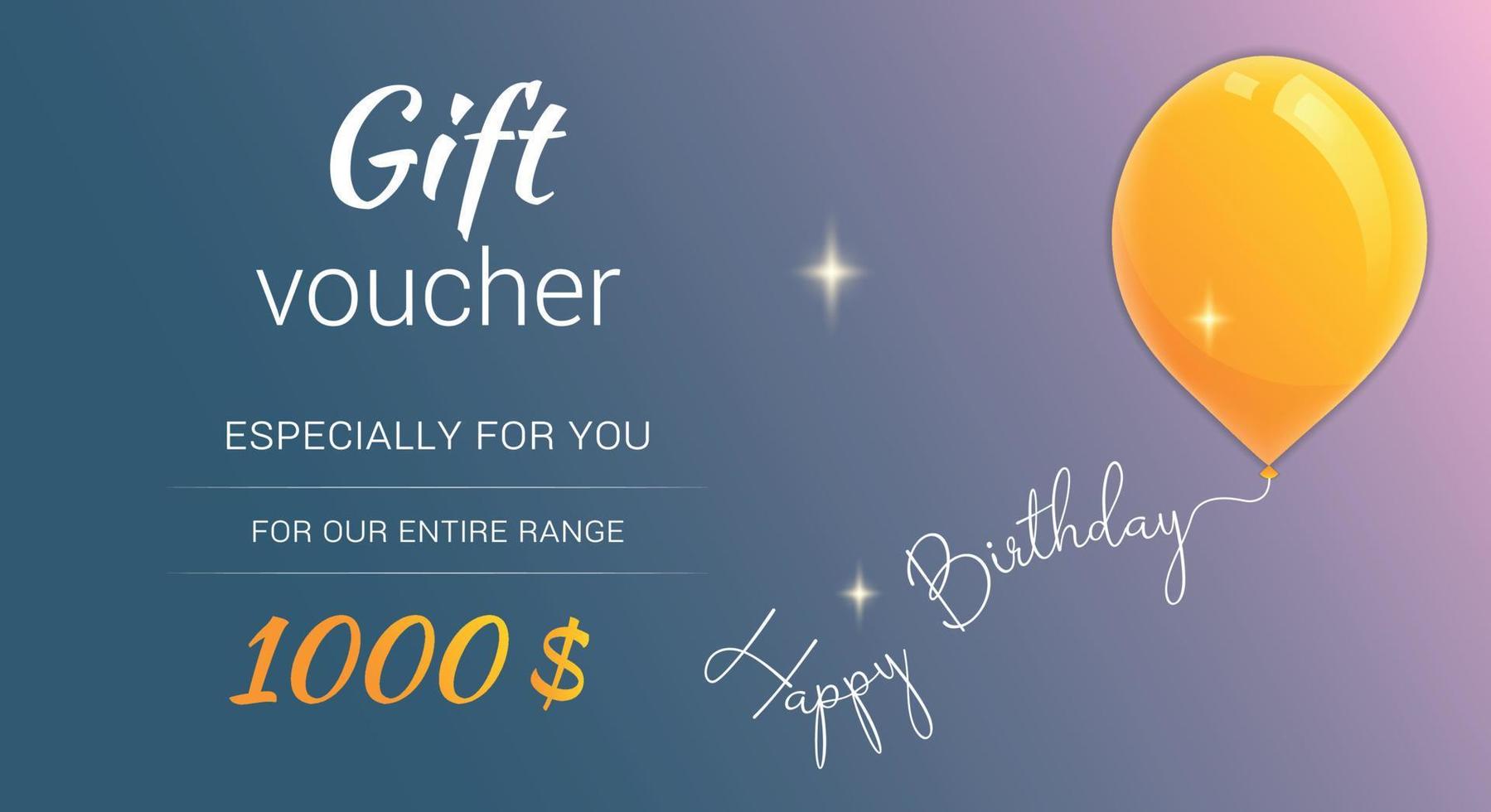 Happy birthday gift voucher. Yellow balloon on gradient background vector
