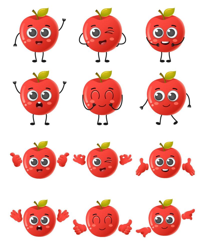 conjunto de caracteres de vector de fruta de manzana de dibujos animados lindo conjunto aislado sobre fondo blanco