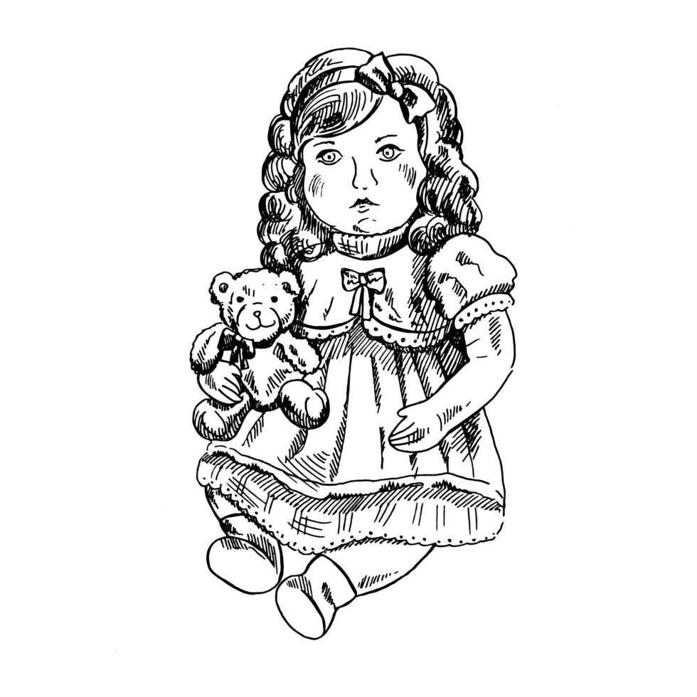 A hand-drawn ink sketch of  a vintage doll. Outline on a white background, vintage vector illustration.   Vintage sketch element for labels, packaging and cards design.