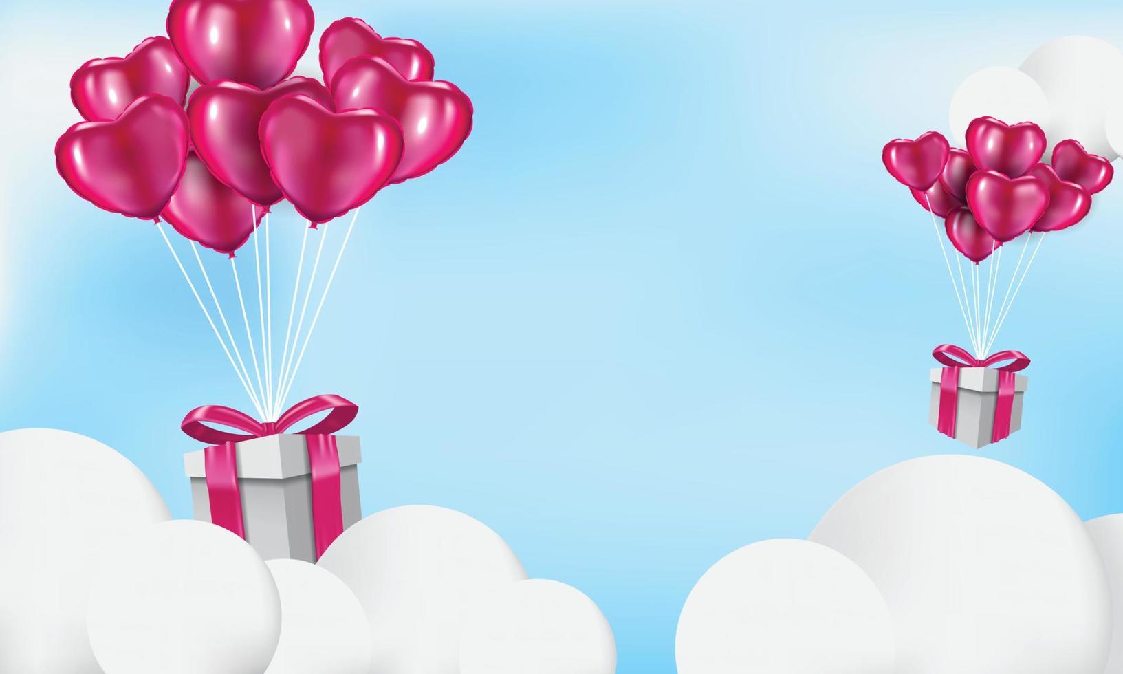 cajas de regalo con globo de corazón flotando en el cielo, plantilla de banners de feliz día de san valentín, estilo realista en 3d vector