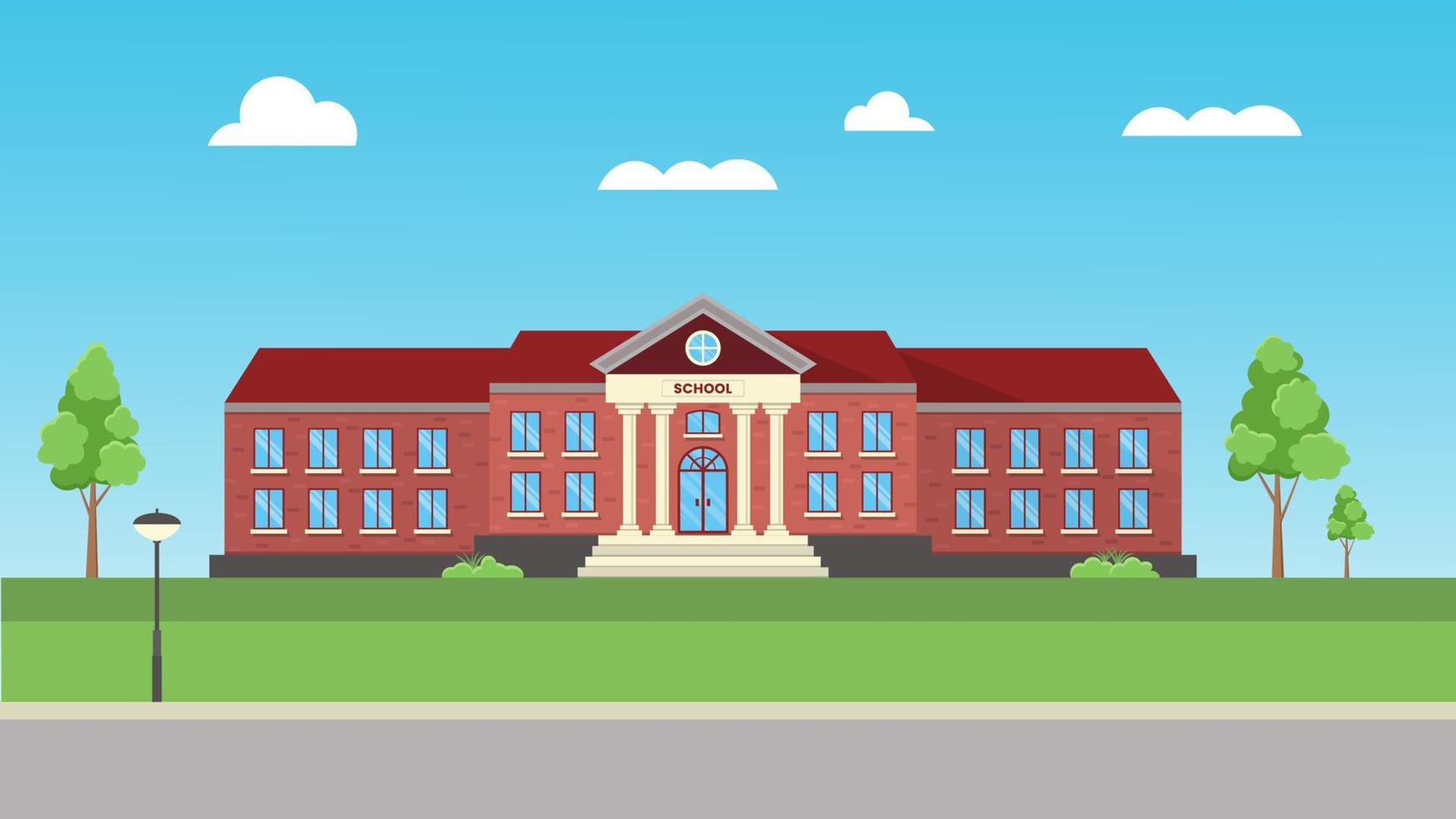 School building in flat style, vector illustration with clear blue sky