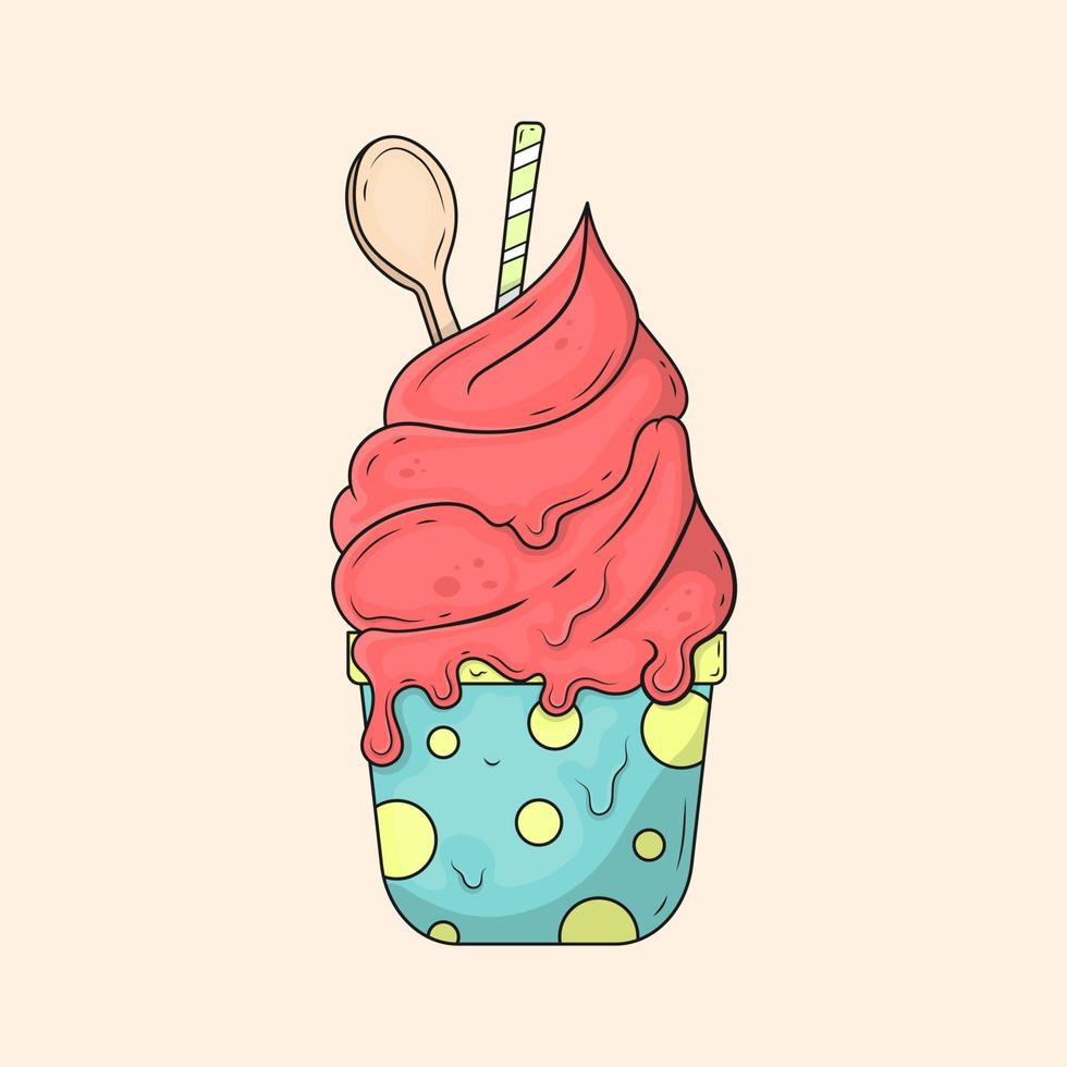 vector dibujado a mano crear diseño, taza de helado de fusión con cuchara de madera.