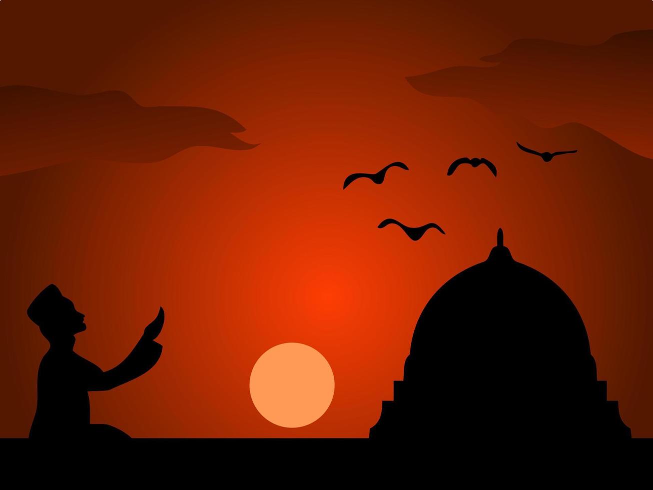 silhouette of people praying to face the mosque vector