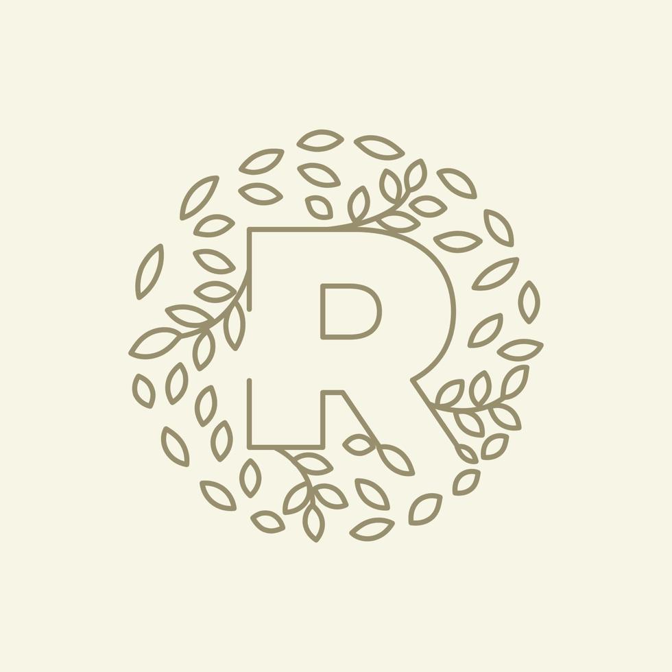 initial R or letter R with leaf  ornament on circle luxury modern logo vector icon illustration design