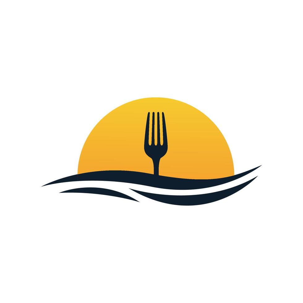 puesta de sol de comida de mar con tenedor o cuchara restaurante logo vector icono ilustración