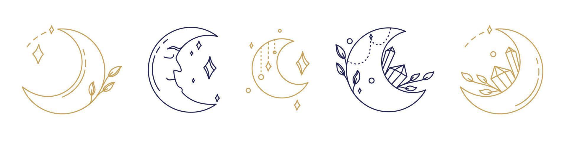 Magical symbols set moon esoteric boho mystical hand-drawn elements stone crystals. In gold and blue on a white background. Magical vector elements