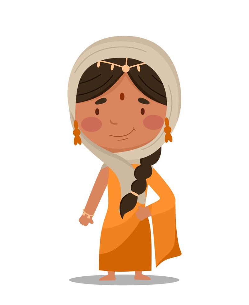 Indian girl is cute and funny. Vector illustration in a flat cartoon style